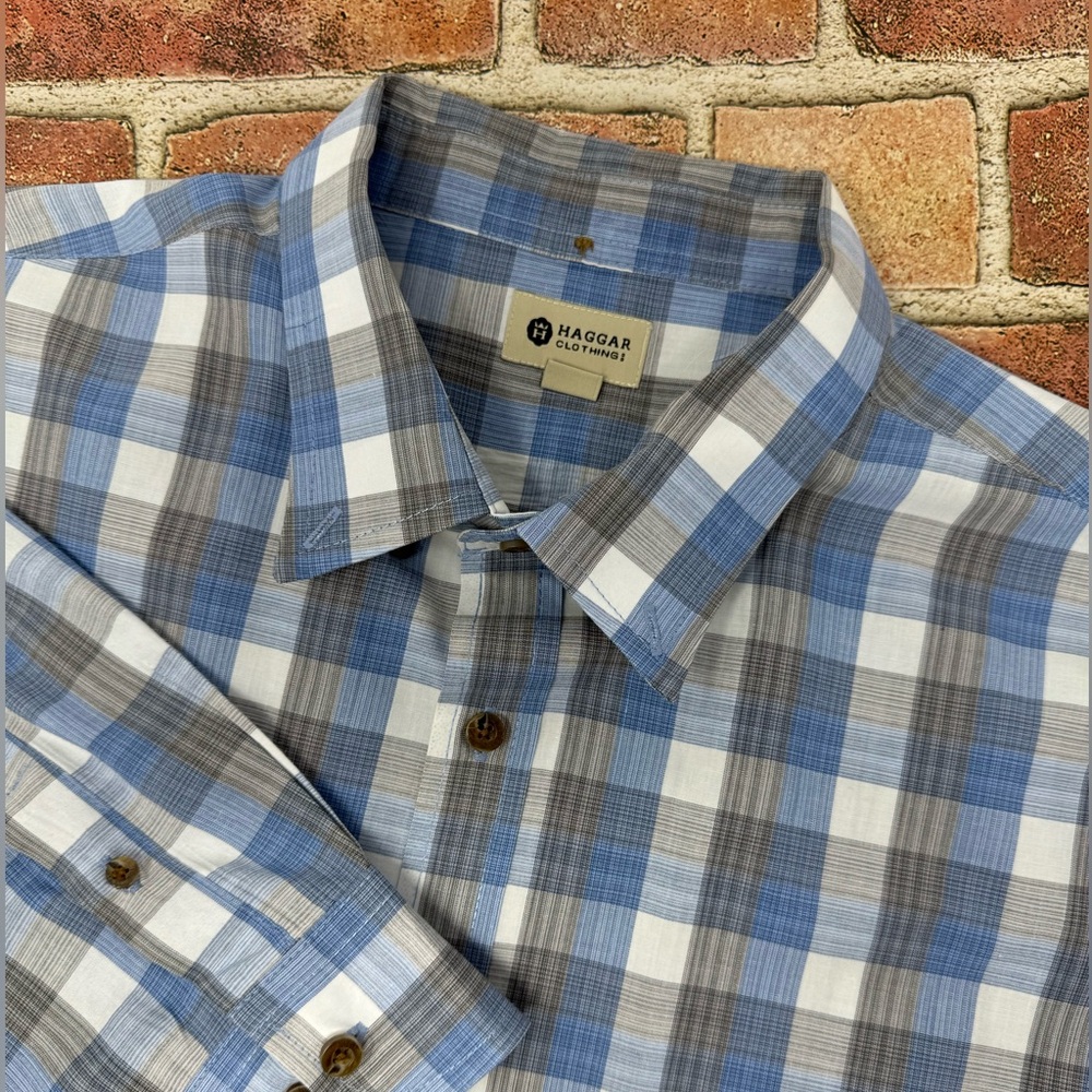 Haggar Men’s XL Blue Gray Plaid Long Sleeve Button‎ Up Shirt